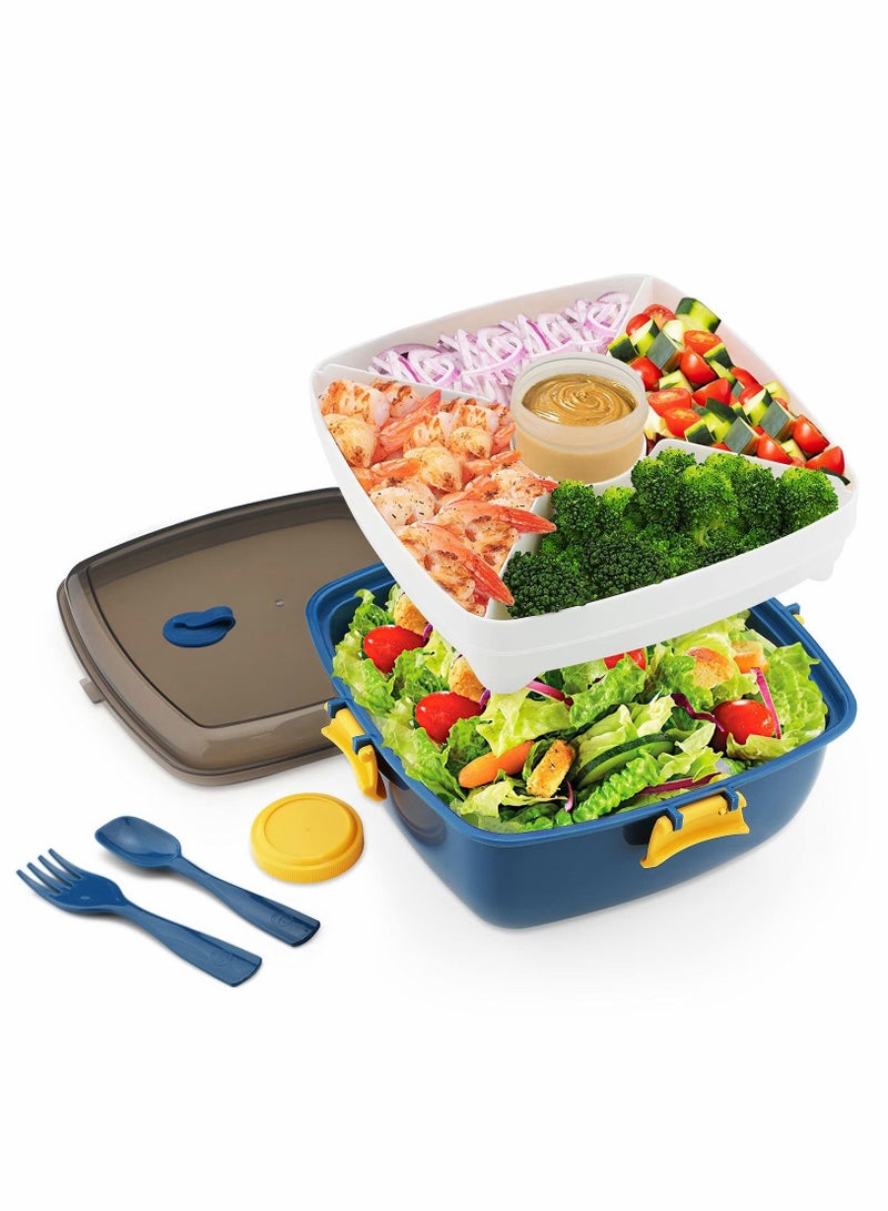 Salad Lunch Box Container, Double Layer Bento with Cutlery and Sauce 40 oz Bowl 5 Compartment Style Tray Leak Proof for Food Snack Home Office (Blue)