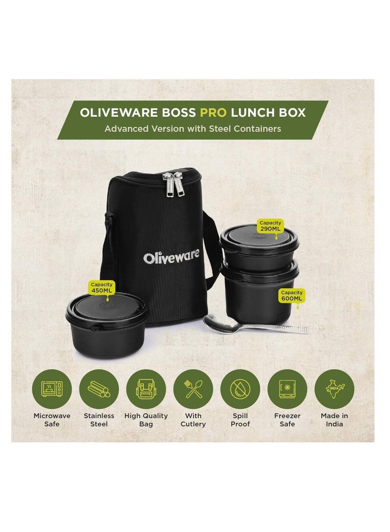 Boss Pro Lunch Box With Steel Spoon, Microwave Safe & Leak Proof, 3 Inner Steel Containers With Bpa Free Airtight Lids (290Ml, 450Ml, & 600Ml), Fabric Bag (Black)