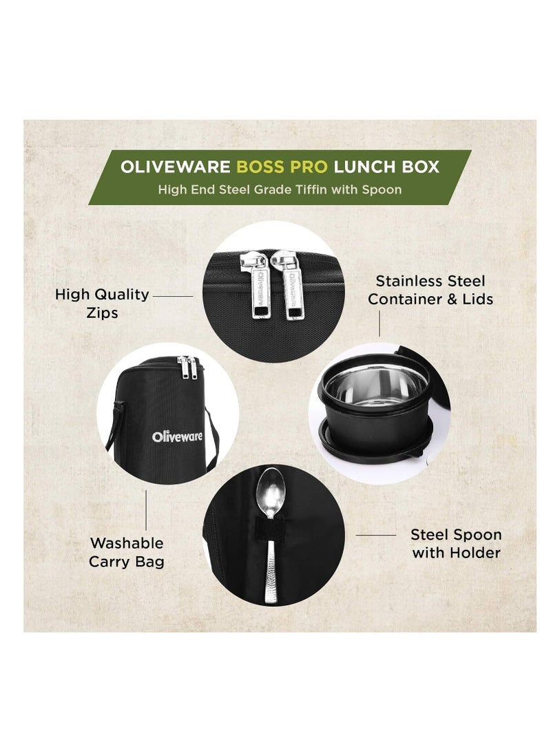 Boss Pro Lunch Box With Steel Spoon, Microwave Safe & Leak Proof, 3 Inner Steel Containers With Bpa Free Airtight Lids (290Ml, 450Ml, & 600Ml), Fabric Bag (Black)