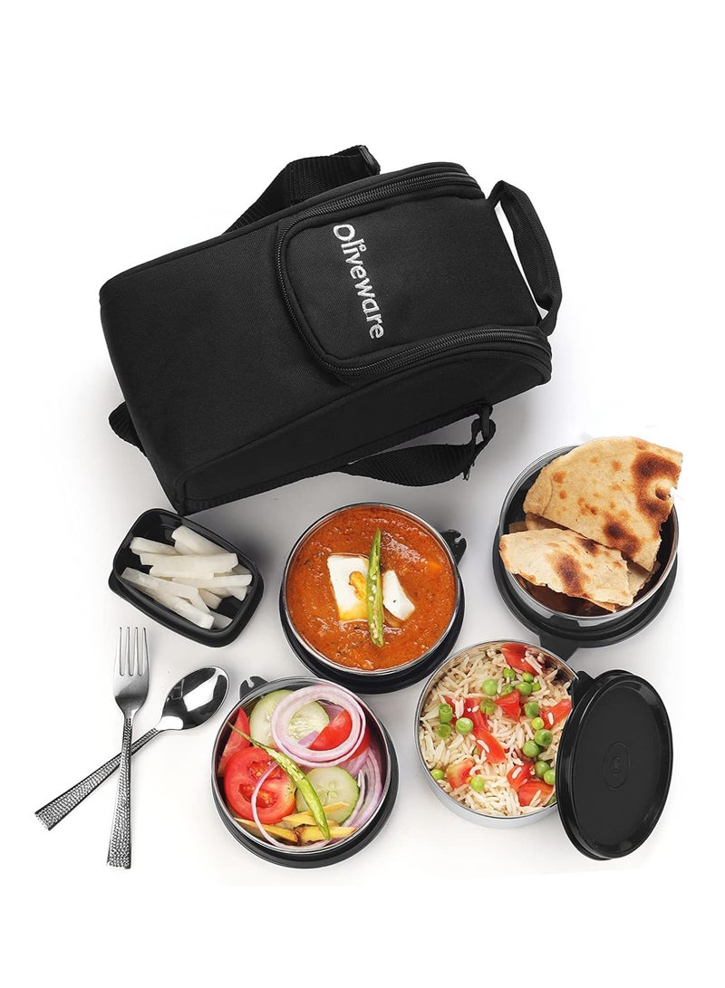 Executive Leak Proof Stainless Steel Full Meal Lunch Box With Insulated Fabric Bag (Black)