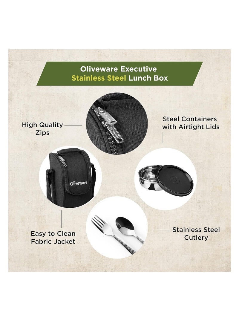 Executive Leak Proof Stainless Steel Full Meal Lunch Box With Insulated Fabric Bag (Black)