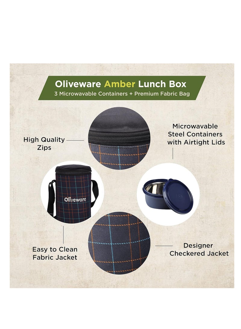 Amber Lunch Box, Microwave Safe & Leak Proof, 3 Inside Steel Containers with BPA Free Lids (2 * 450ml & 600ml), Fabric Bag - Blue