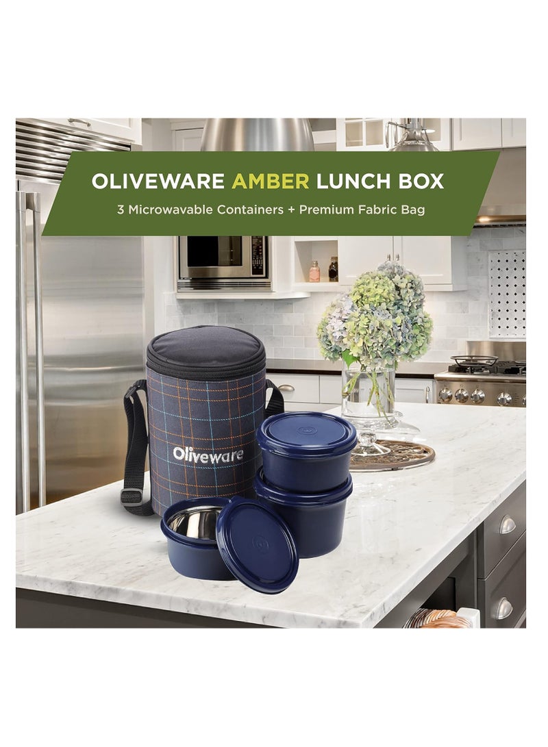 Amber Lunch Box, Microwave Safe & Leak Proof, 3 Inside Steel Containers with BPA Free Lids (2 * 450ml & 600ml), Fabric Bag - Blue