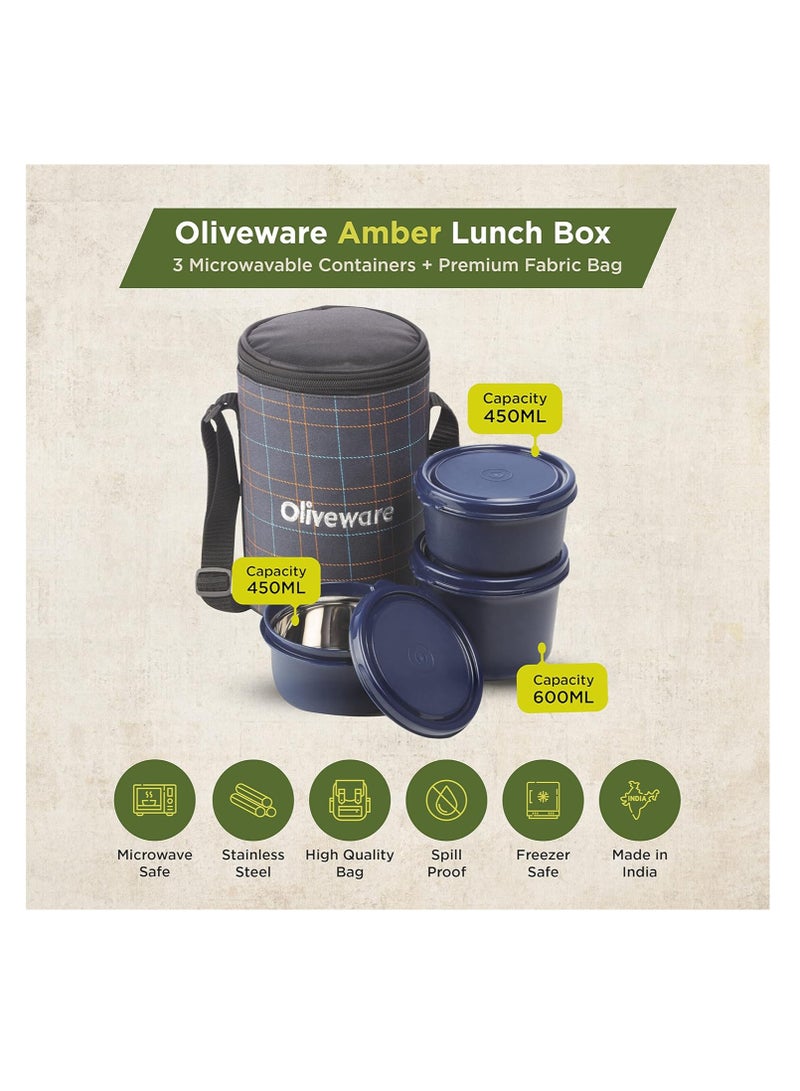 Amber Lunch Box, Microwave Safe & Leak Proof, 3 Inside Steel Containers with BPA Free Lids (2 * 450ml & 600ml), Fabric Bag - Blue