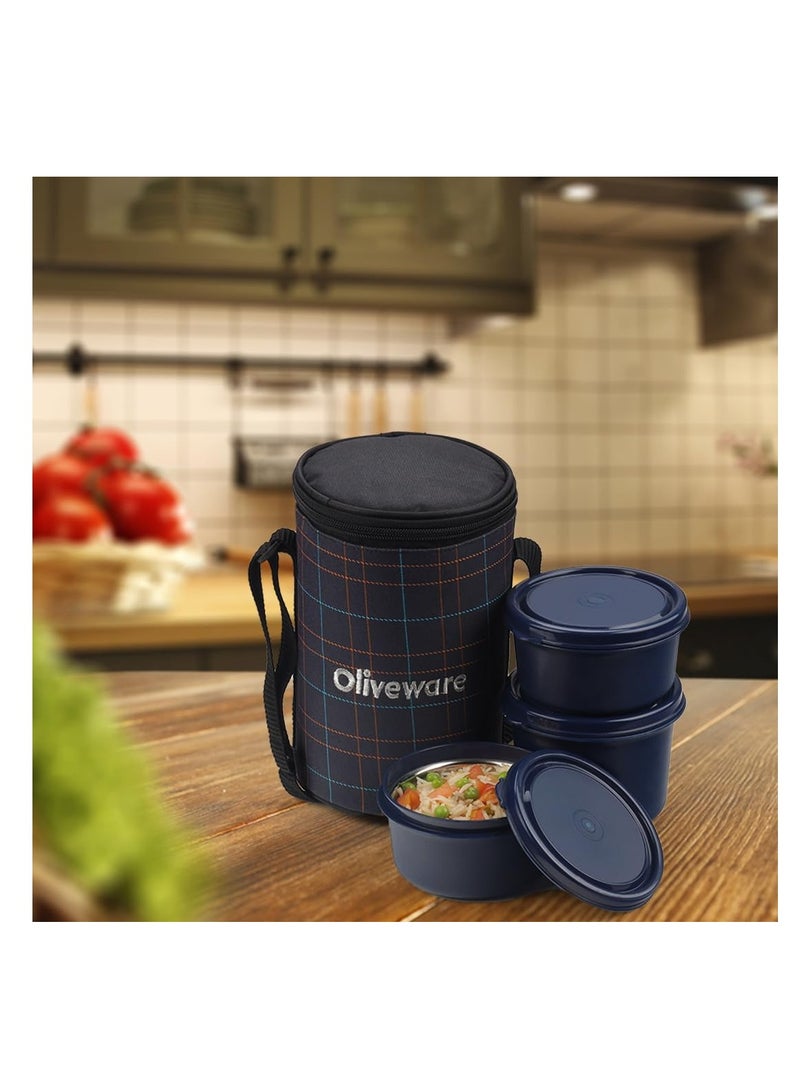 Amber Lunch Box, Microwave Safe & Leak Proof, 3 Inside Steel Containers with BPA Free Lids (2 * 450ml & 600ml), Fabric Bag - Blue