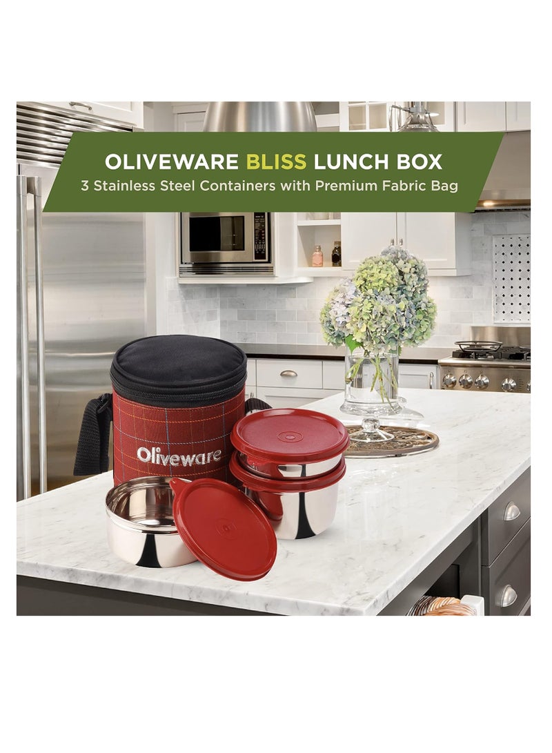 Bliss Lunch Box, 100% Leak Proof, 3 Stainless Steel Containers with BPA Free Airtight Lids (300 ml, 450 ml, 600 ml), Fabric Bag - Red