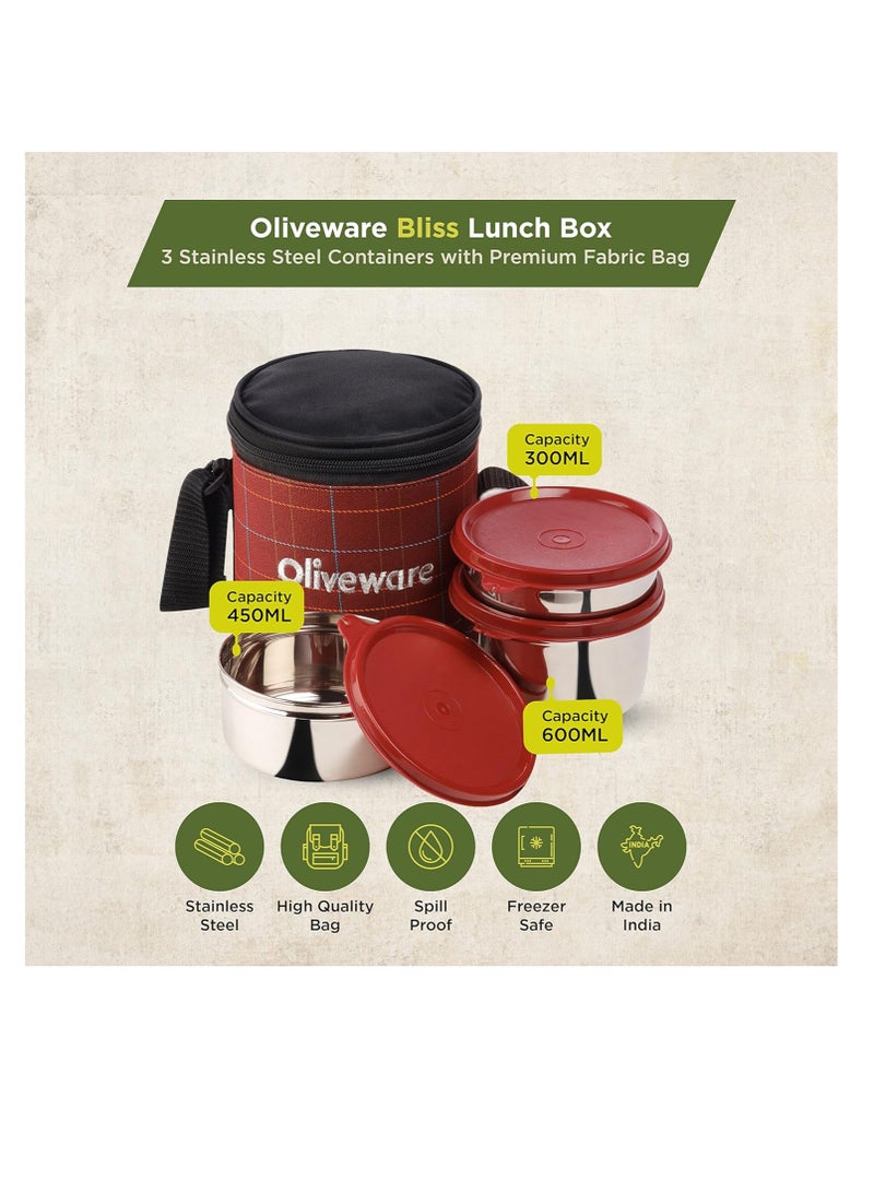 Bliss Lunch Box, 100% Leak Proof, 3 Stainless Steel Containers with BPA Free Airtight Lids (300 ml, 450 ml, 600 ml), Fabric Bag - Red