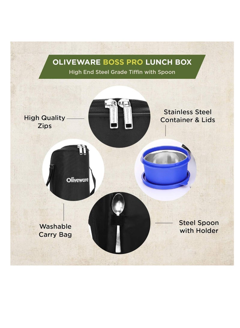 Stainless Steel Boss Pro Lunch Box, Steel Range, Microwave Safe and Leak Proof , 3 Air-Tight Containers with Bag , with Steel Spoon, Keep Food Hot (Blue)