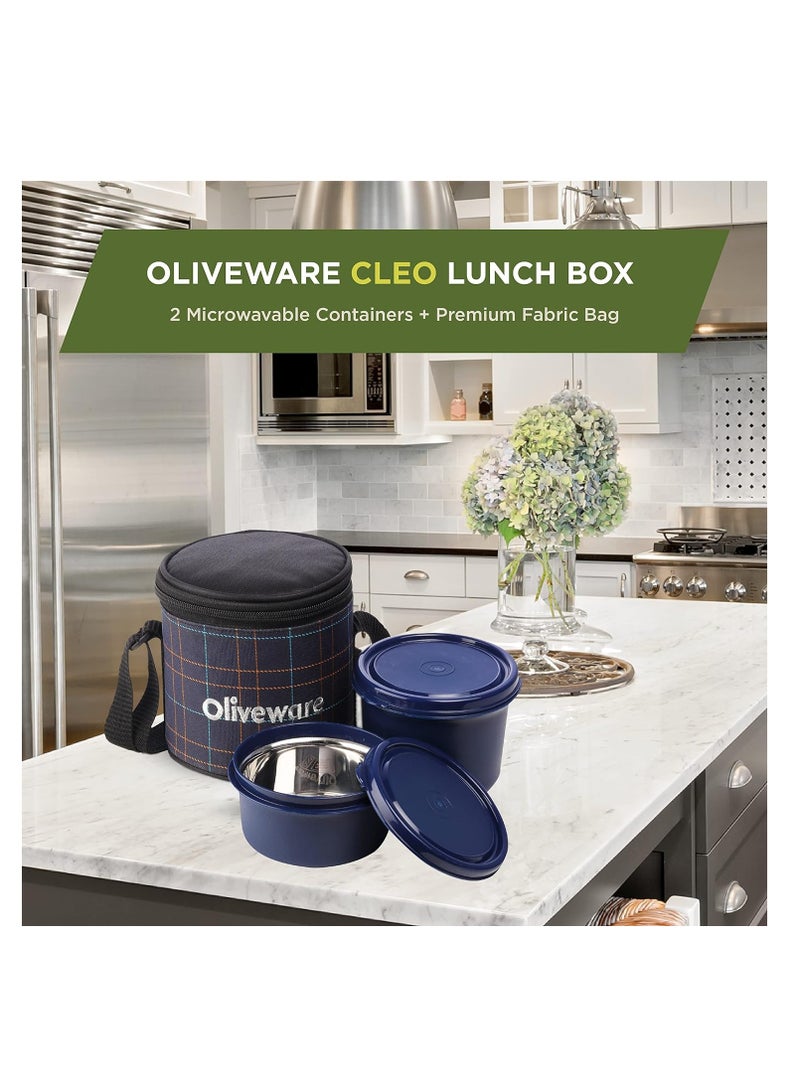 Cleo Microwave Safe Leak Proof 2 Stainless Steel Full Meal Containers with Insulated Fabric Bag (Blue)