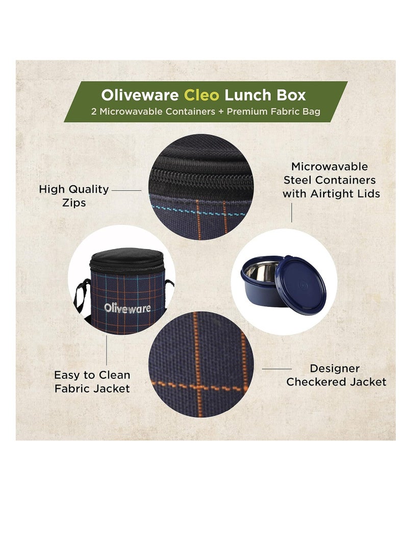 Cleo Microwave Safe Leak Proof 2 Stainless Steel Full Meal Containers with Insulated Fabric Bag (Blue)