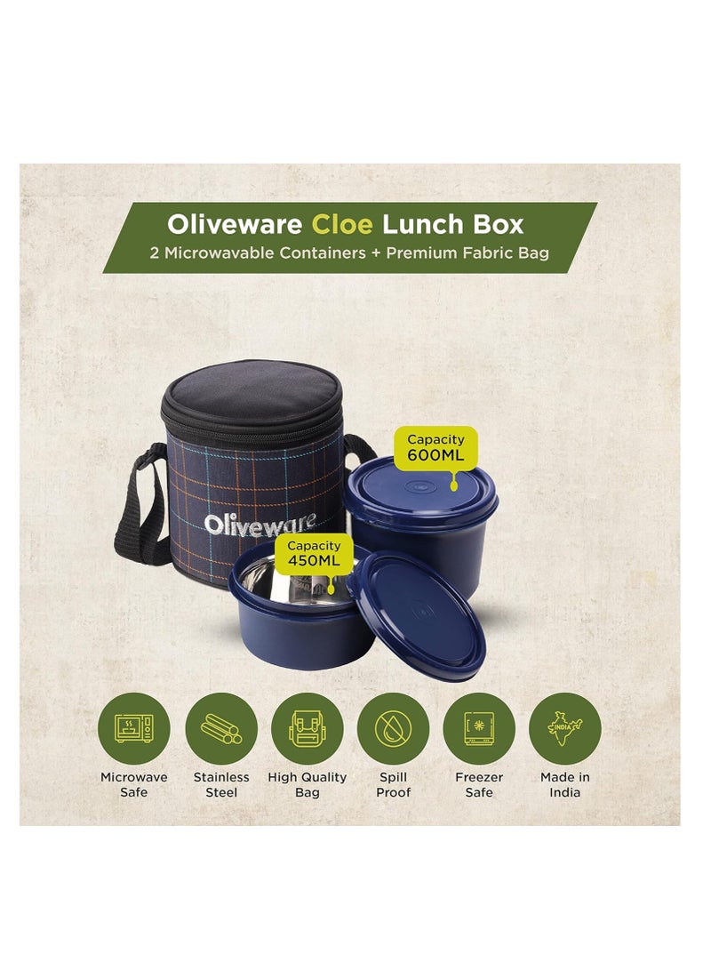 Cleo Microwave Safe Leak Proof 2 Stainless Steel Full Meal Containers with Insulated Fabric Bag (Blue)