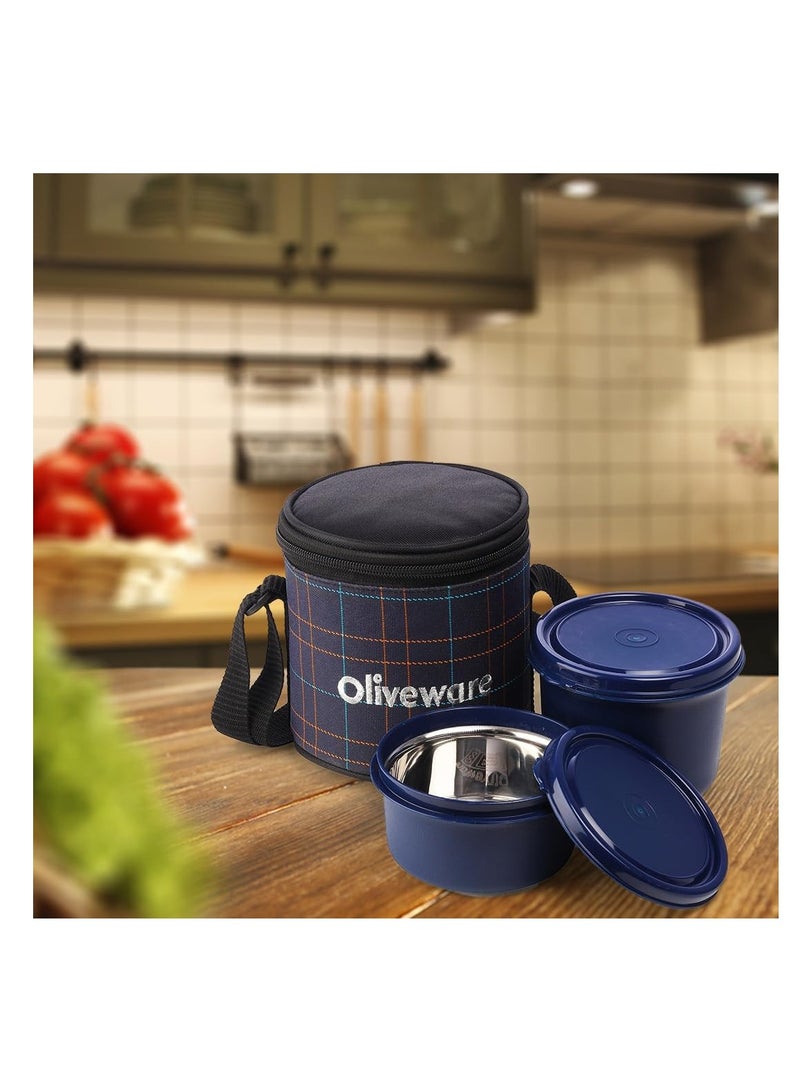 Cleo Microwave Safe Leak Proof 2 Stainless Steel Full Meal Containers with Insulated Fabric Bag (Blue)