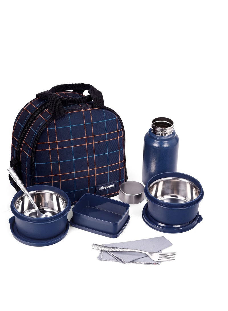 Oliveware octavia lunchbox, microwave and freezer safe, two Inside steel containers (2x450ml), plastic pickle box (130ml), steel bottle(450ml), steel cutlery and napkin