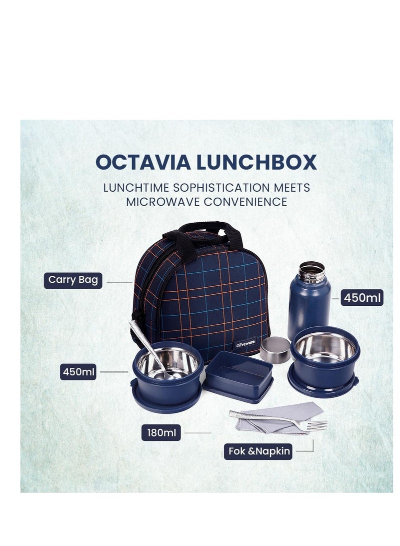 Oliveware octavia lunchbox, microwave and freezer safe, two Inside steel containers (2x450ml), plastic pickle box (130ml), steel bottle(450ml), steel cutlery and napkin