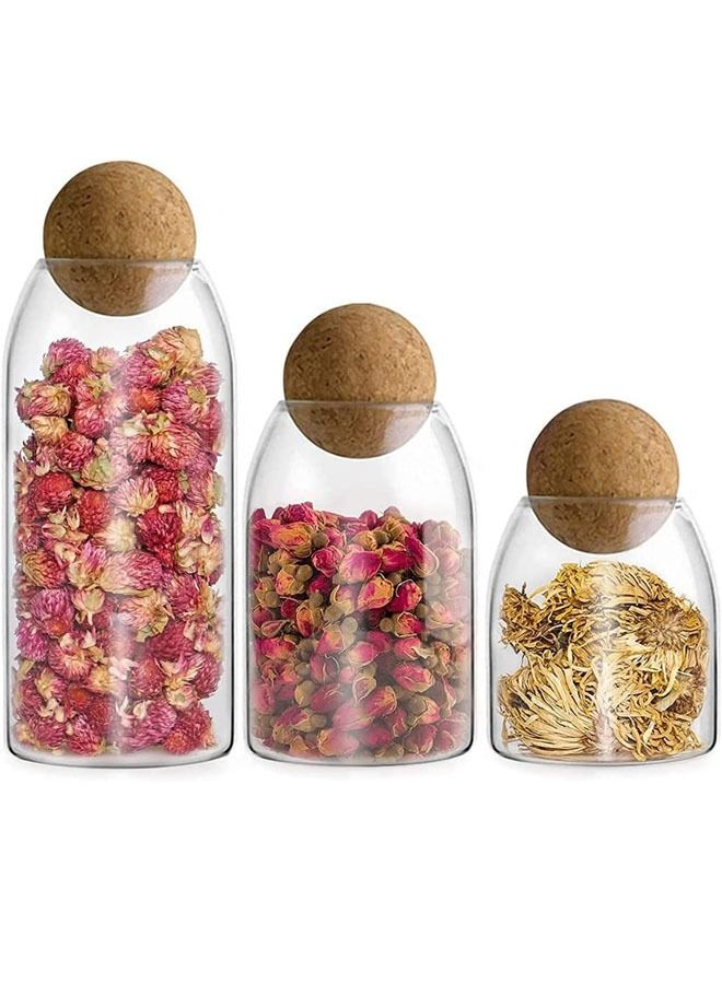 Glass Jar with Ball Cork Lid, Canister Wood Storage Container Jars for Coffee, Tea, Spice, Sugar, Salt, Set of 3 (500ml, 800ml, 1200ml) (3 PC, 500ml+800ml+1200ml)