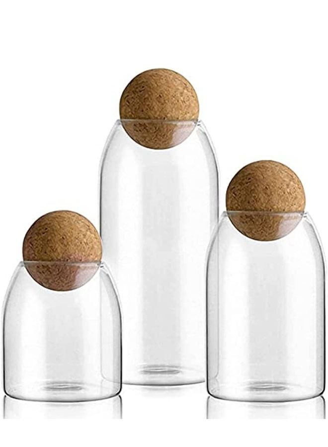 Glass Jar with Ball Cork Lid, Canister Wood Storage Container Jars for Coffee, Tea, Spice, Sugar, Salt, Set of 3 (500ml, 800ml, 1200ml) (3 PC, 500ml+800ml+1200ml)