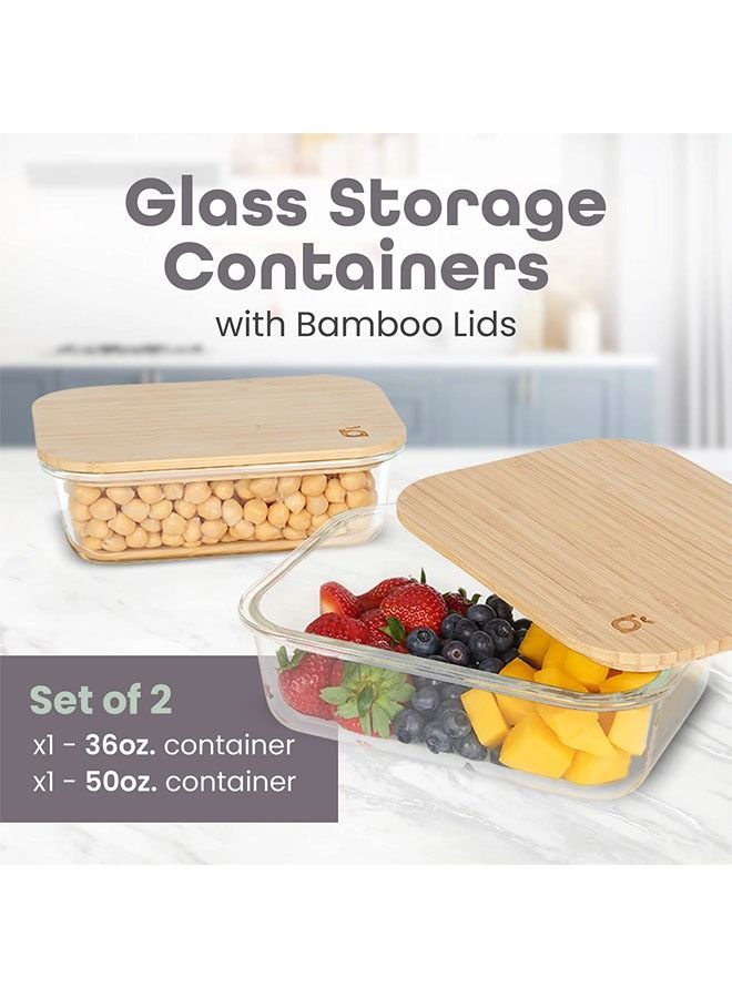 Large Glass Storage Containers with Bamboo Lids, Set of 2 (1 x 36oz and 1 50oz), Beautiful Lid Containers, for Non-Plastic, Sustainable (Set 2)