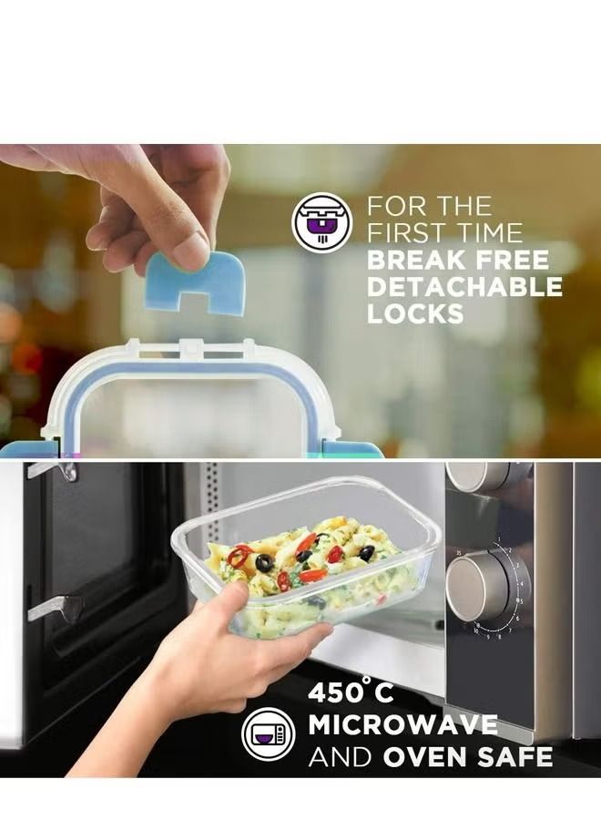 Foodsafe Rectangle Glass Food Storage Container With Break Free Detachable Locks Microwave Oven Safe Freezer Safe