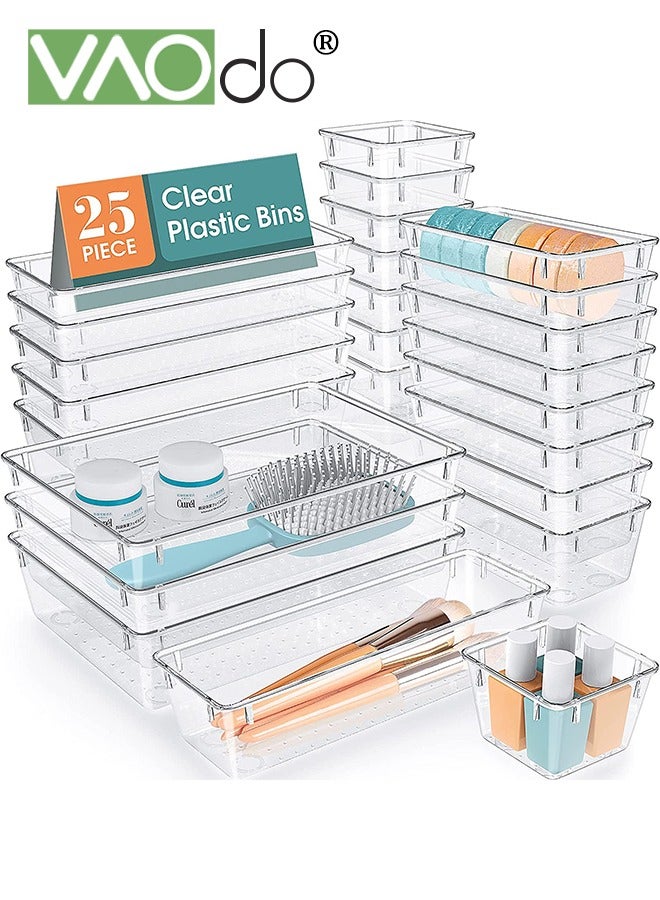 25PCS Clear Plastic Drawer Organizer Set 4 Sizes Desk Drawer Divider Organizers and Storage Bins for Makeup Jewelry Gadgets for Kitchen Bedroom Bathroom Office