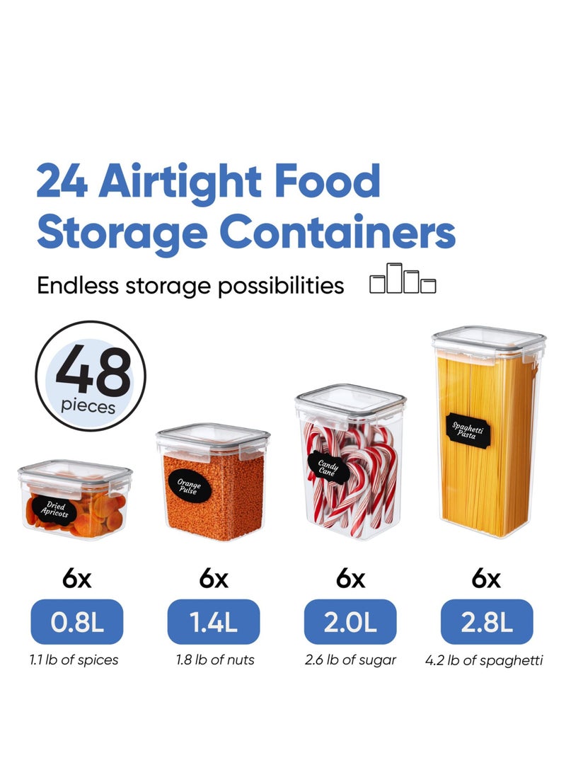 Set of 24 Airtight Food Storage Containers with Lids for Kitchen and Pantry Organisation BPA Free Kitchen Jars for Cereals Rice Flour and Oats