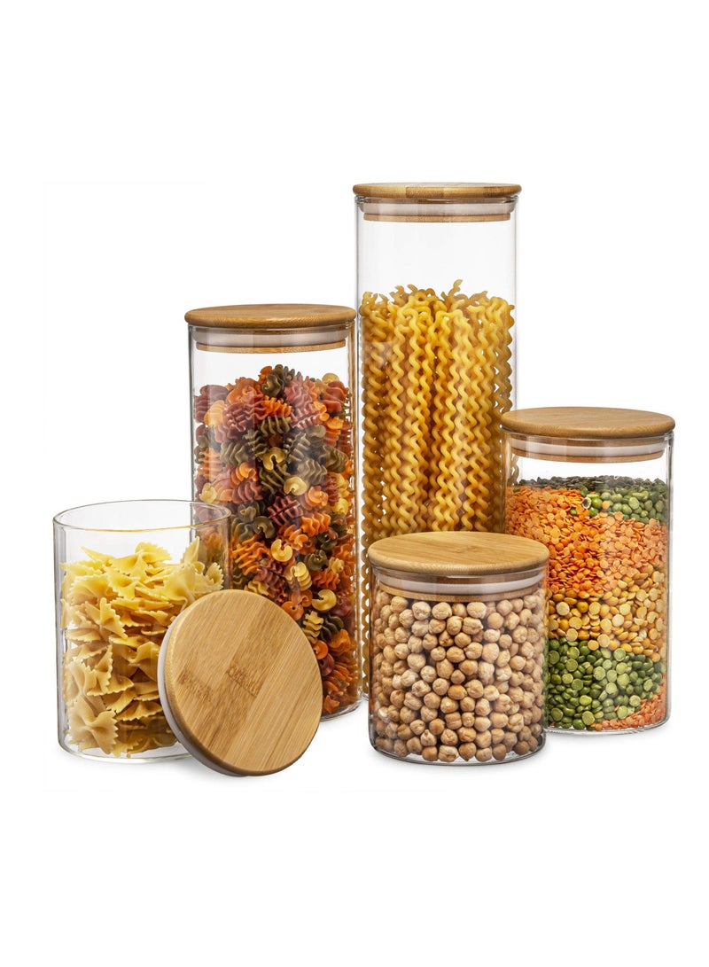 Glass Food Storage Jar Set, 5 Pieces Airtight Kitchen Canister with Bamboo Lids, Labels and Sealing Ring, Food Cereal Storage Containers for Candy, Cookie, Flour, Pasta, Coffee Beans, Spice