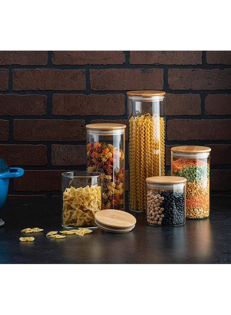 Glass Food Storage Jar Set, 5 Pieces Airtight Kitchen Canister with Bamboo Lids, Labels and Sealing Ring, Food Cereal Storage Containers for Candy, Cookie, Flour, Pasta, Coffee Beans, Spice