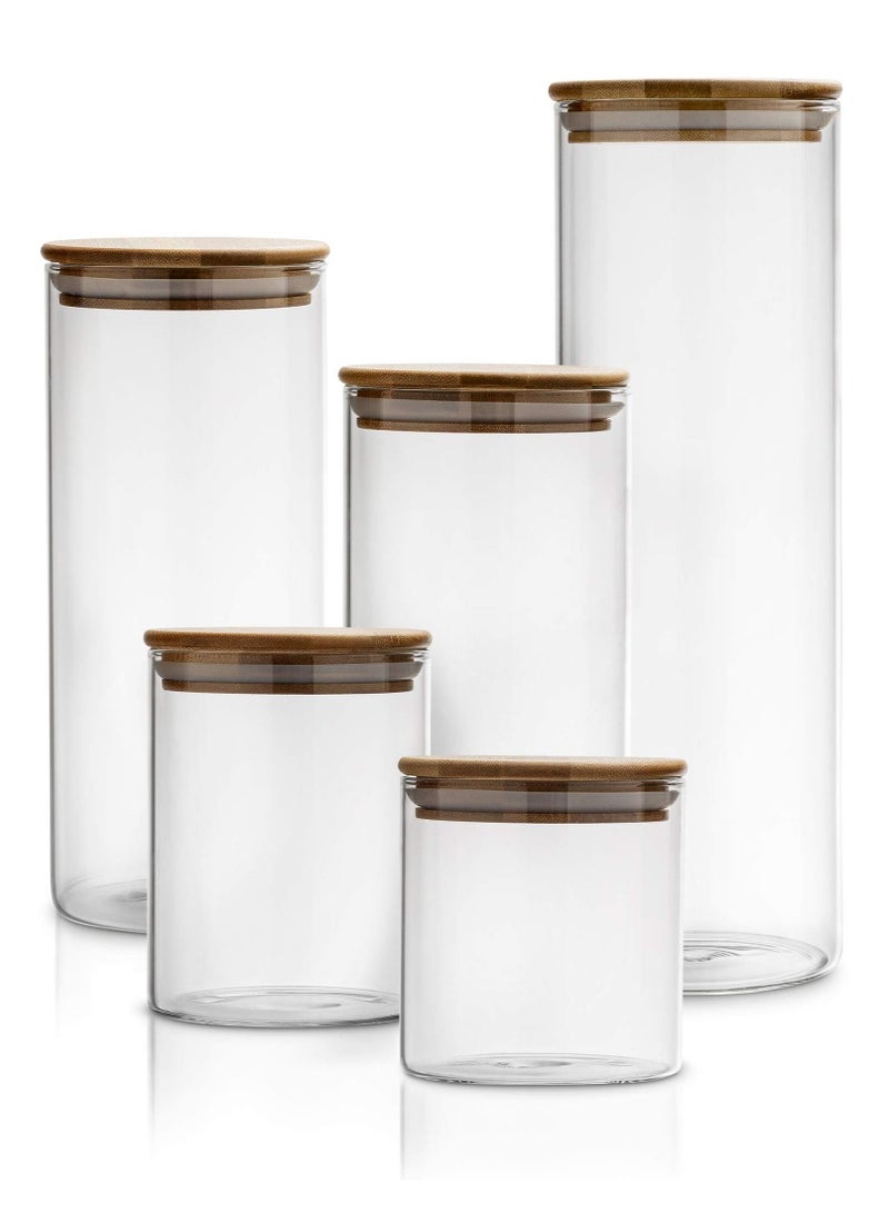 Glass Food Storage Jar Set, 5 Pieces Airtight Kitchen Canister with Bamboo Lids, Labels and Sealing Ring, Food Cereal Storage Containers for Candy, Cookie, Flour, Pasta, Coffee Beans, Spice