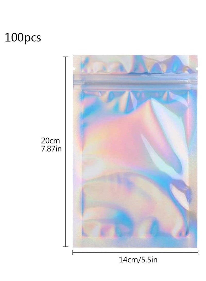 100 Packs Resealable Smell Proof Bags Mylar Ziplock Bags Aluminum Foil Pouch Bag Holographic Flat Foil Bags for Favor Food Storage Gift Package Supplies (14x20cm)