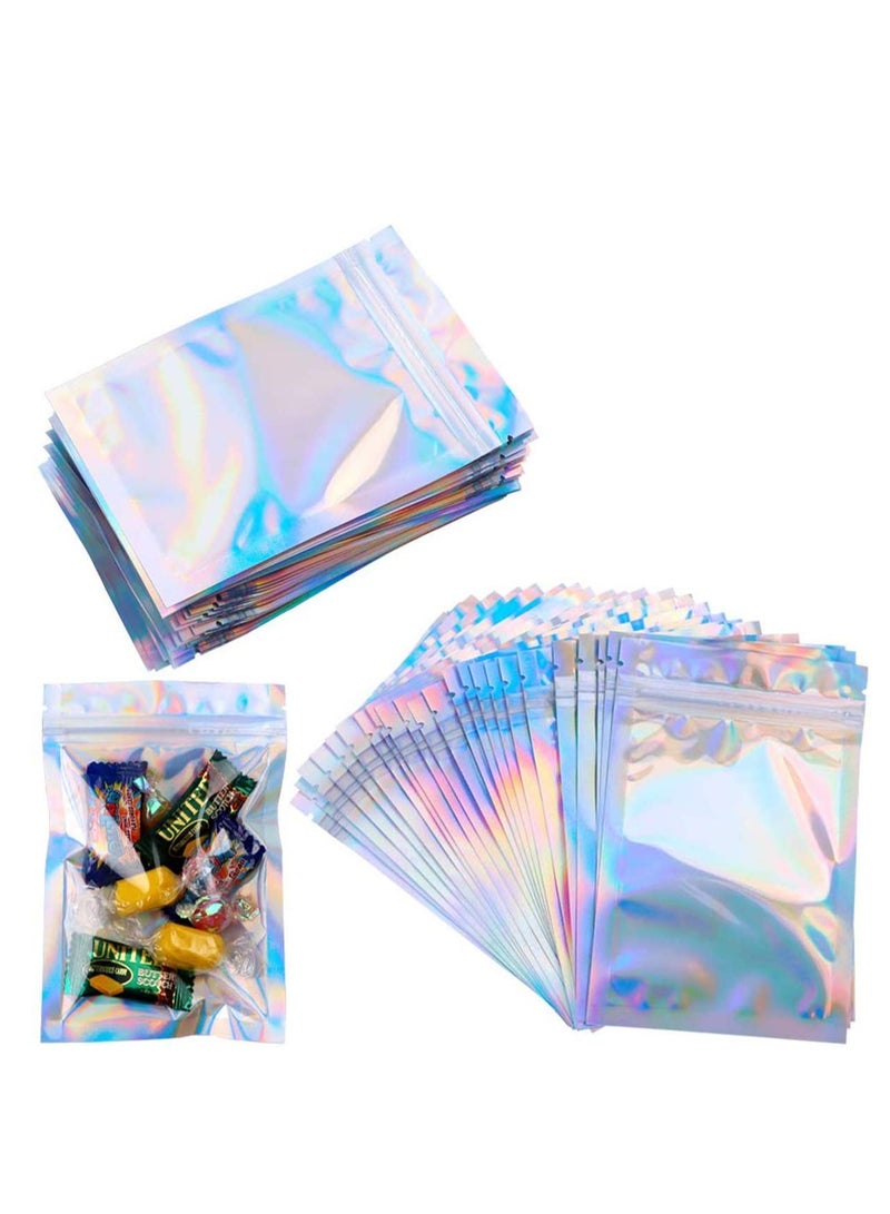 100 Packs Resealable Smell Proof Bags Mylar Ziplock Bags Aluminum Foil Pouch Bag Holographic Flat Foil Bags for Favor Food Storage Gift Package Supplies (14x20cm)