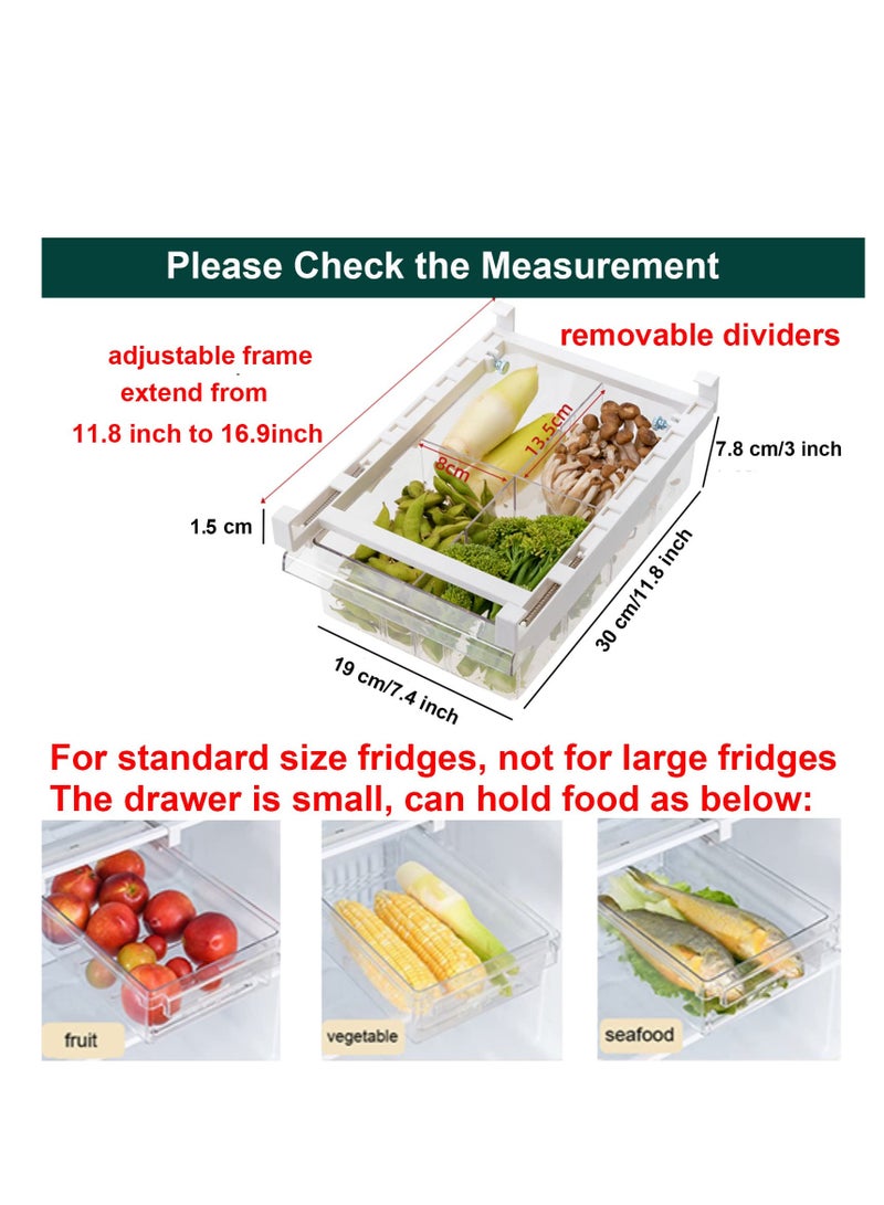 Small Fridge Drawer Organizer, Mini Refrigerator Drawers Storage Box,  Fit for Fridge Shelf Under, Pull Out Refrigerator Storage Drawers for Food, Drinks, Dividers Are Removable, 0.6