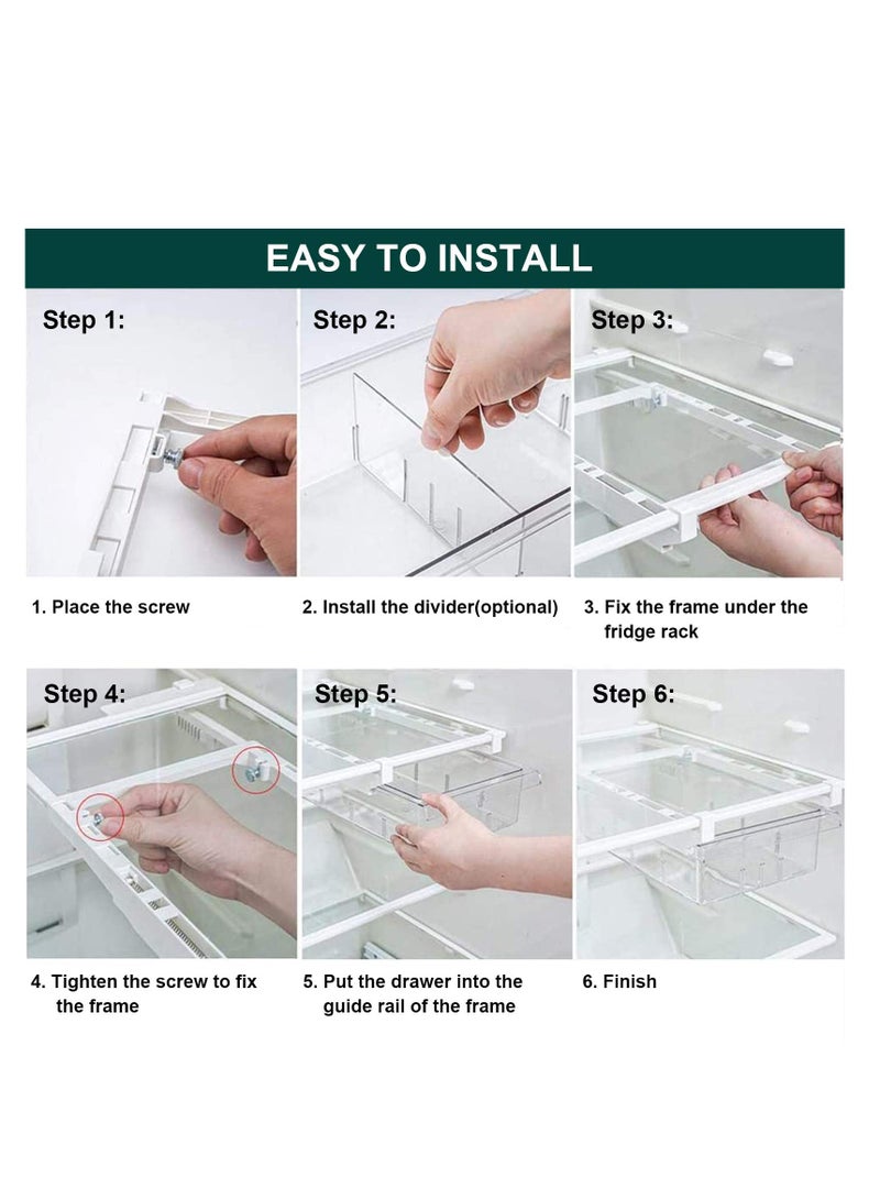 Small Fridge Drawer Organizer, Mini Refrigerator Drawers Storage Box,  Fit for Fridge Shelf Under, Pull Out Refrigerator Storage Drawers for Food, Drinks, Dividers Are Removable, 0.6