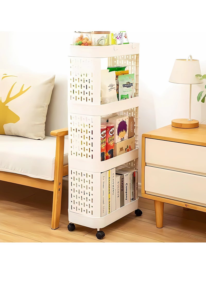 4 Tier Plastic Storage Cart Cart Shelf Bathroom Shelf Rolling Clutter Cart Gusseted Storage Rack with Wheels for Office Living Room Kitchen Bathroom Storage Racks 39.5*21*94cm