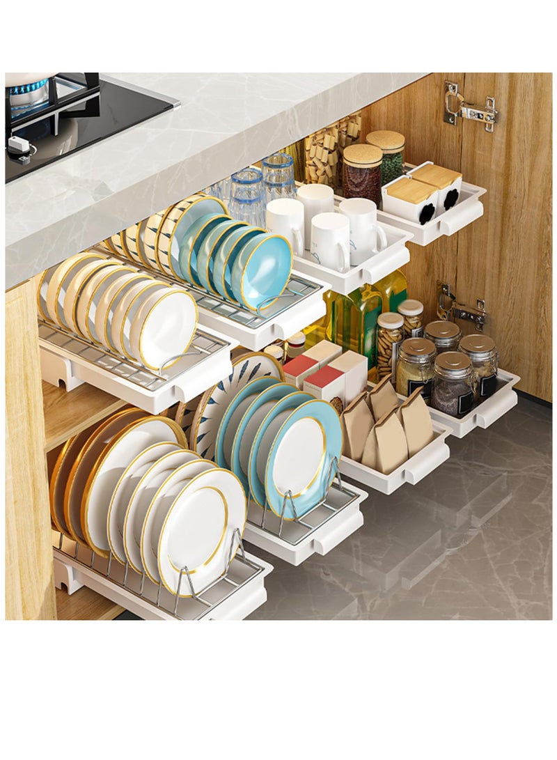 Under Sink Organizer, Stainless Steel Pull Out Cabinet Organizer, Single Layer, Multifunctional Slide Out Shelves for Dishes, Cutlery, Cabinet Compatible Kitchen Organizer, white