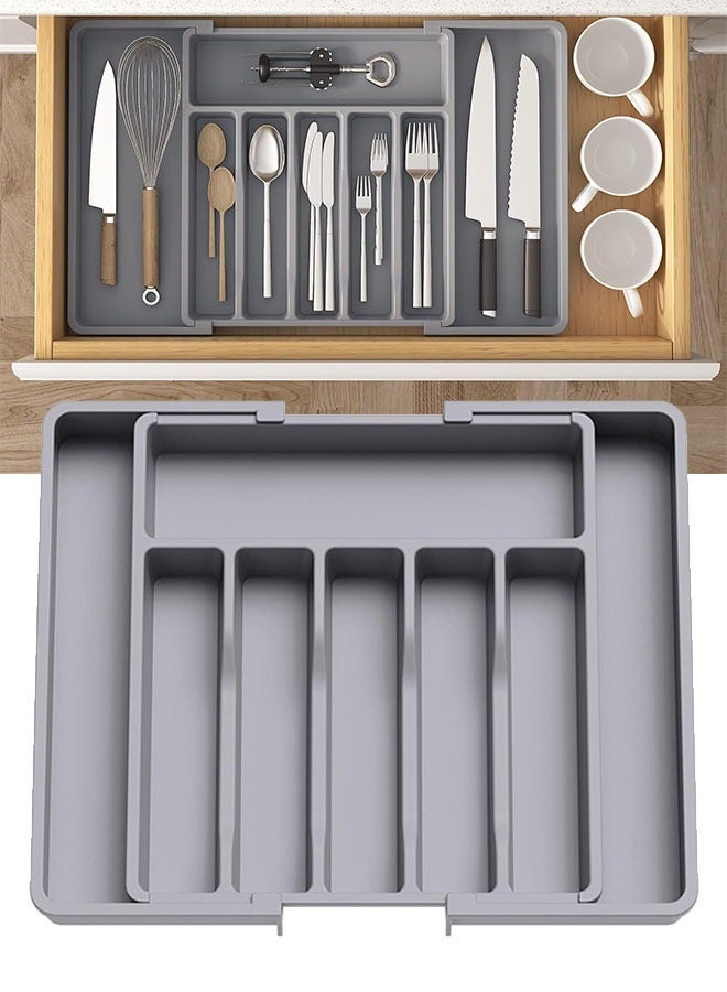 Drawer Organizer, Expandable Utensil Tray for Kitchen, Adjustable Flatware and Cutlery Holder, Compact Plastic Storage for Spoons Forks Knives, Large, Safe Grade Finis