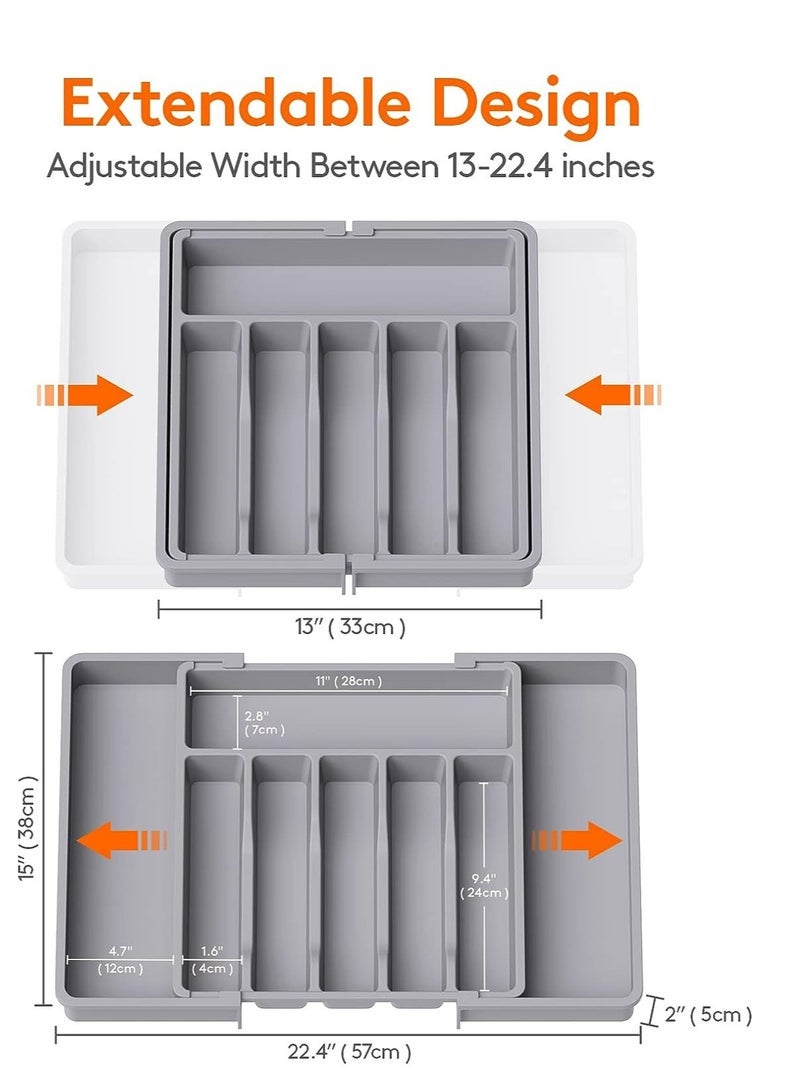 Drawer Organizer, Expandable Utensil Tray for Kitchen, Adjustable Flatware and Cutlery Holder, Compact Plastic Storage for Spoons Forks Knives, Large, Safe Grade Finis