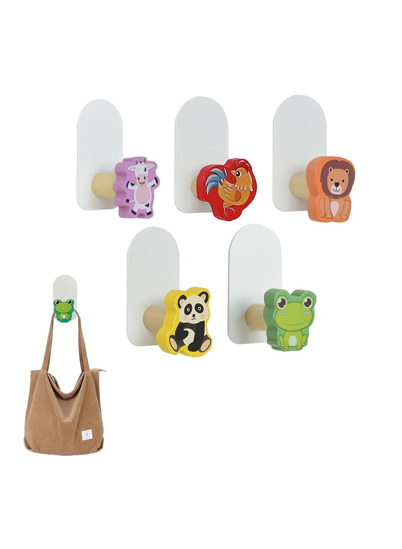 Kids Coat Hooks, 5 Pcs Self-Adhesive Cartoon Hook, Utility Wall Mounted Wooden Coat Hooks, Cute Creative Animal Shape Wooden Hooks for Kids Room Nursery Bedroom