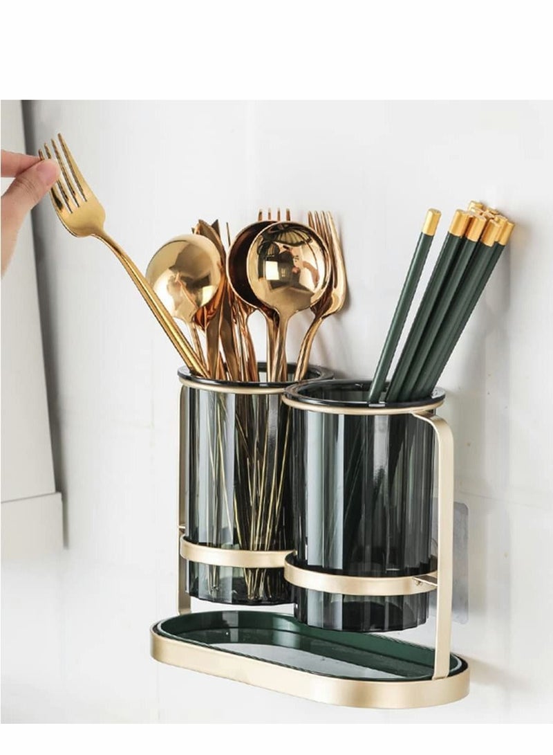 Kitchen Utensil Holder organizer for Countertop, 2 Detachable Plastic Green Cups with Gold Iron Frame Utensil Caddys, Cooking Utensil Holder for Counter for Fork Spatula Flatware