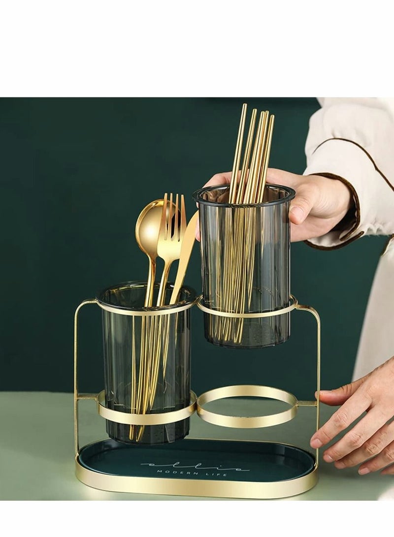 Kitchen Utensil Holder organizer for Countertop, 2 Detachable Plastic Green Cups with Gold Iron Frame Utensil Caddys, Cooking Utensil Holder for Counter for Fork Spatula Flatware