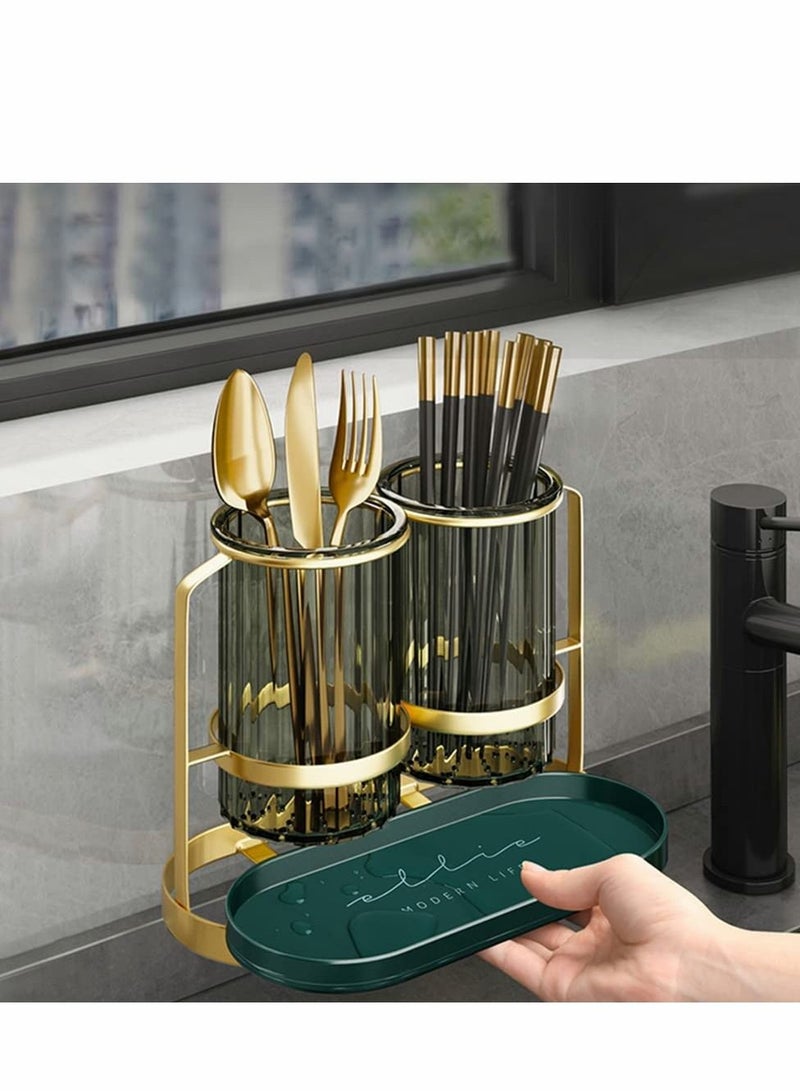 Kitchen Utensil Holder organizer for Countertop, 2 Detachable Plastic Green Cups with Gold Iron Frame Utensil Caddys, Cooking Utensil Holder for Counter for Fork Spatula Flatware