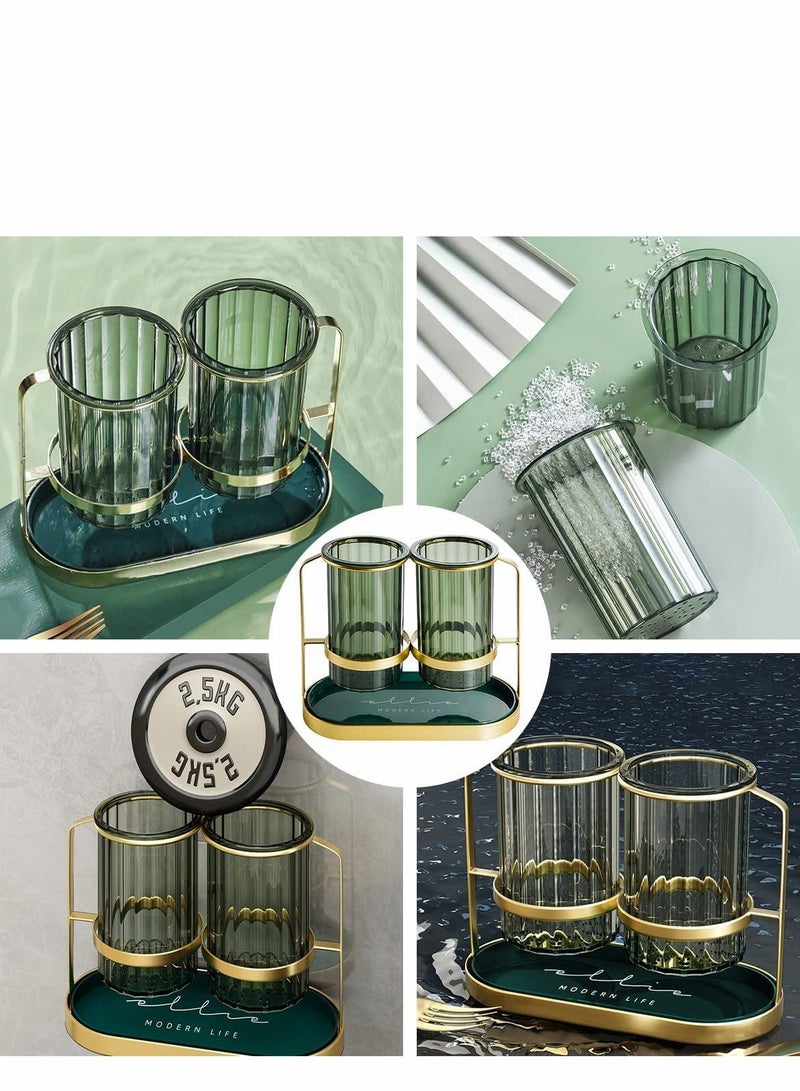 Kitchen Utensil Holder organizer for Countertop, 2 Detachable Plastic Green Cups with Gold Iron Frame Utensil Caddys, Cooking Utensil Holder for Counter for Fork Spatula Flatware