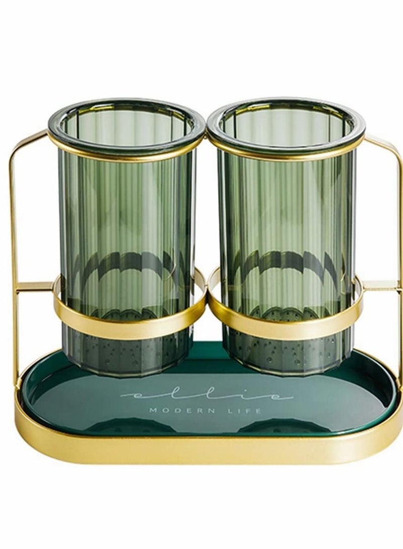 Kitchen Utensil Holder organizer for Countertop, 2 Detachable Plastic Green Cups with Gold Iron Frame Utensil Caddys, Cooking Utensil Holder for Counter for Fork Spatula Flatware