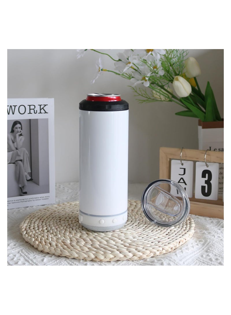 Sublimation Skinny Can Cooler Sublimation Can Cooler with Speaker 4 in 1 16oz Straight Music Can Cooler Insulated Speaker Cup Can Cooler with Detachable Led Light for Summer Beach Party