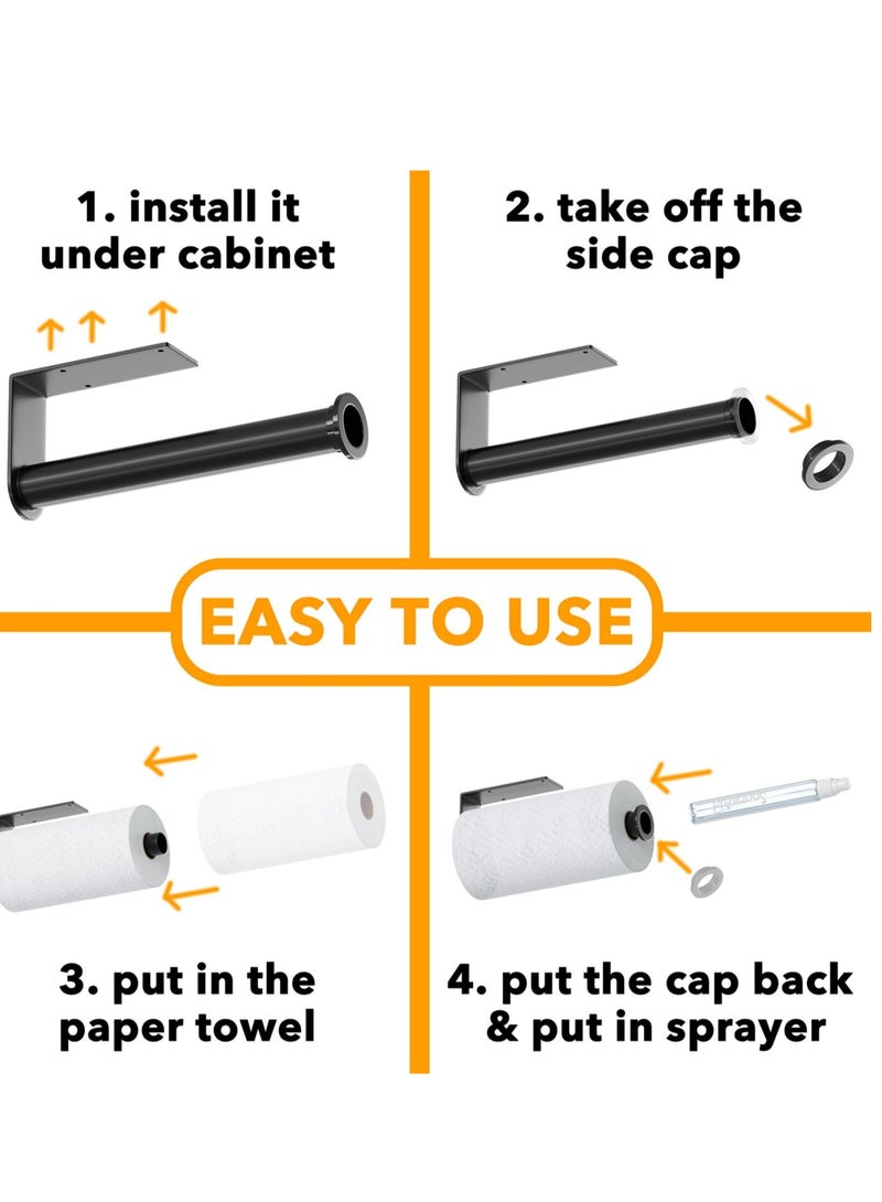 Paper Towel Holder with Spray Bottle, Countertop Paper Towels Holders Stand, Under Cabinet Paper Towels Holders, Suitable for Kitchen, Bathroom, RV (Black)