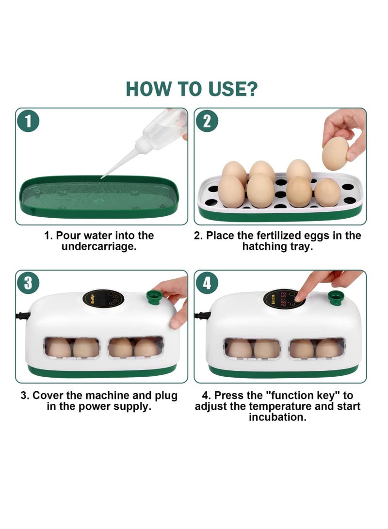 Egg Incubator, 8 Eggs Poultry Hatcher, Mini Chicken Incubator for Hatching Chicks, with Humidity Temperature Control and Display, for Quail, Duck, Goose, Bird, Eggs (White)