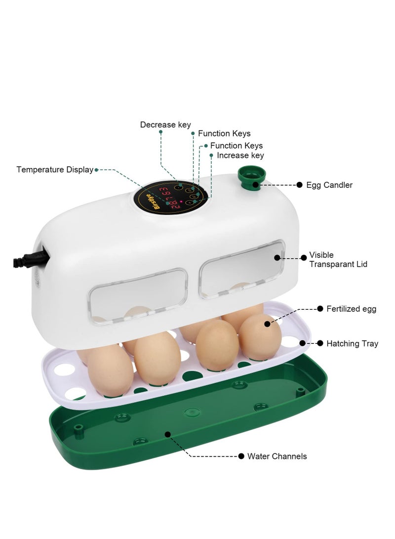 Egg Incubator, 8 Eggs Poultry Hatcher, Mini Chicken Incubator for Hatching Chicks, with Humidity Temperature Control and Display, for Quail, Duck, Goose, Bird, Eggs (White)