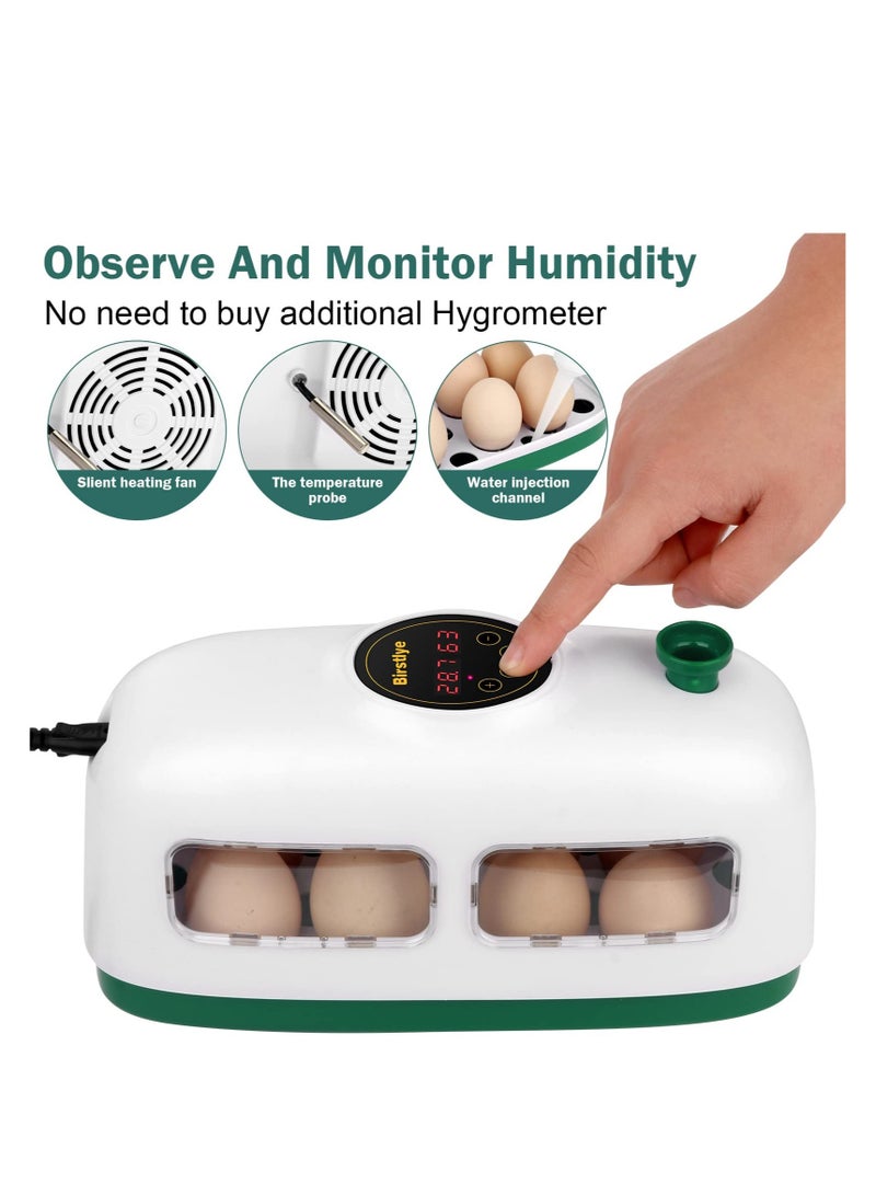 Egg Incubator, 8 Eggs Poultry Hatcher, Mini Chicken Incubator for Hatching Chicks, with Humidity Temperature Control and Display, for Quail, Duck, Goose, Bird, Eggs (White)