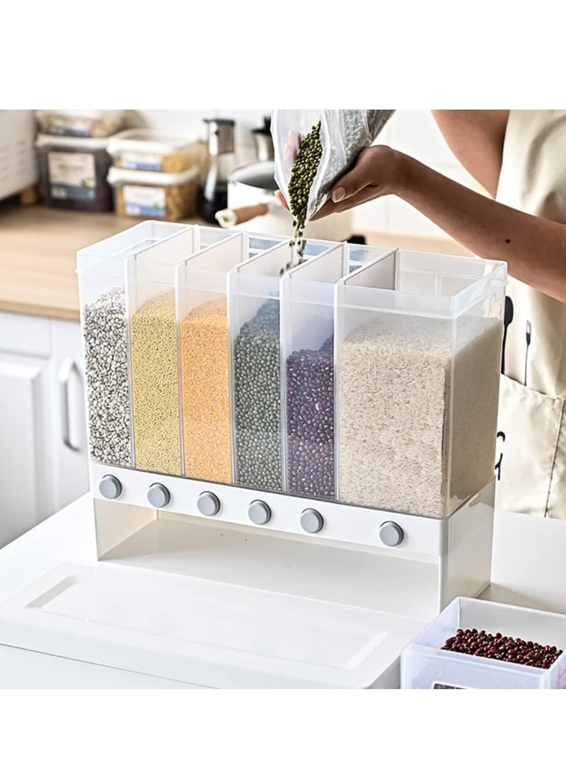 Rice Dispenser Food Dispenser 26LB Rice Bucket, 6-Grid Rice Storage Dry Food Dispenser Grain Storage Dried Fruit Food Storage Box