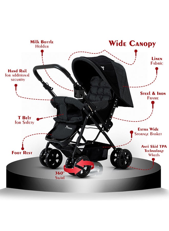 Reversible Trip Stroller And Infant Car Seat Wide Canopy And Seat - Black