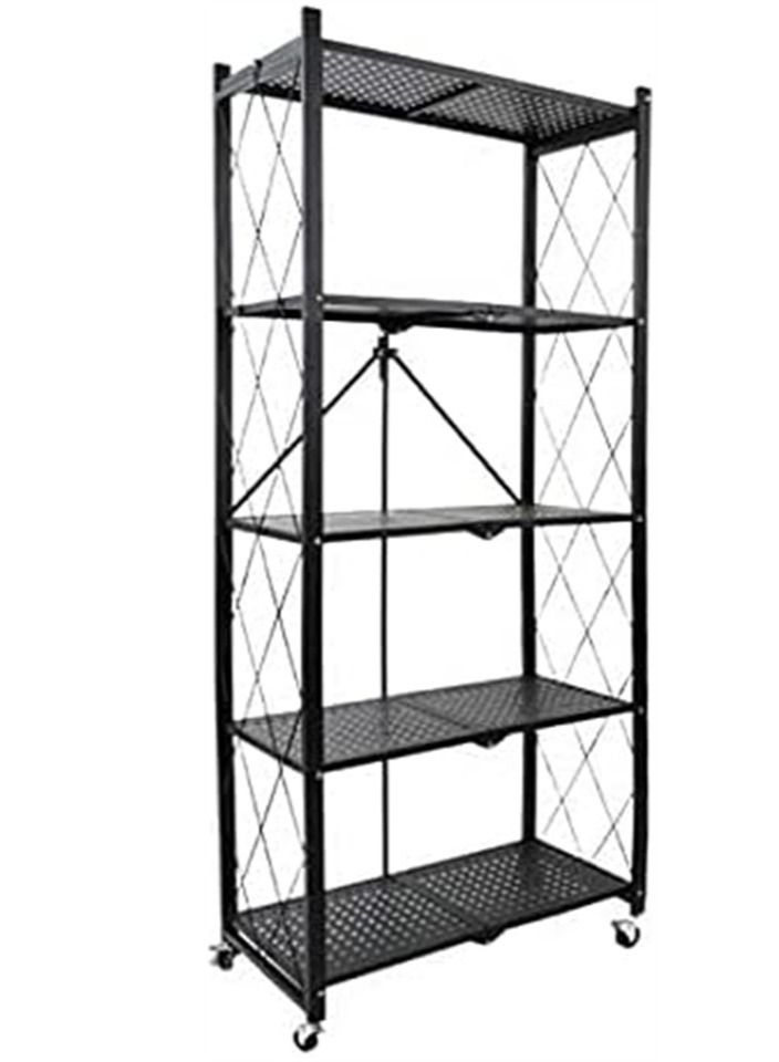 5 Tier Foldable Standing Storage Rack Shelf Unit With Wheel for Kitchen Garage Home Closet Office Heavy Duty Shelves black