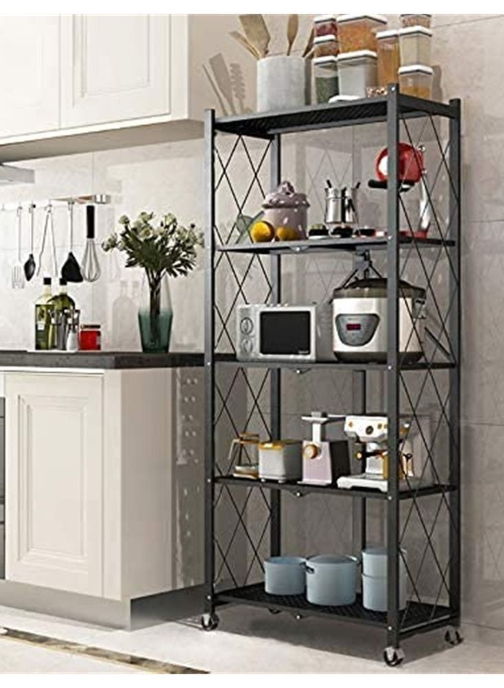 5 Tier Foldable Standing Storage Rack Shelf Unit With Wheel for Kitchen Garage Home Closet Office Heavy Duty Shelves black